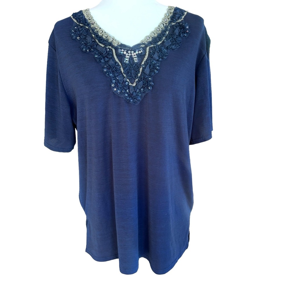 No Attitude Womens Top Blue Short Sleeve Sequin Ruffle‎ Gold Size Large
